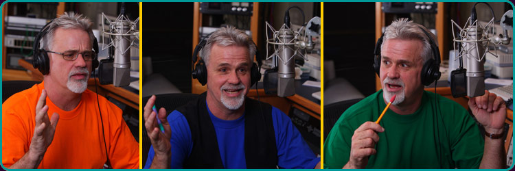 Three image of Marty Morgran recording Voice Overs in solid color shirts: Orange, Blue, and Green